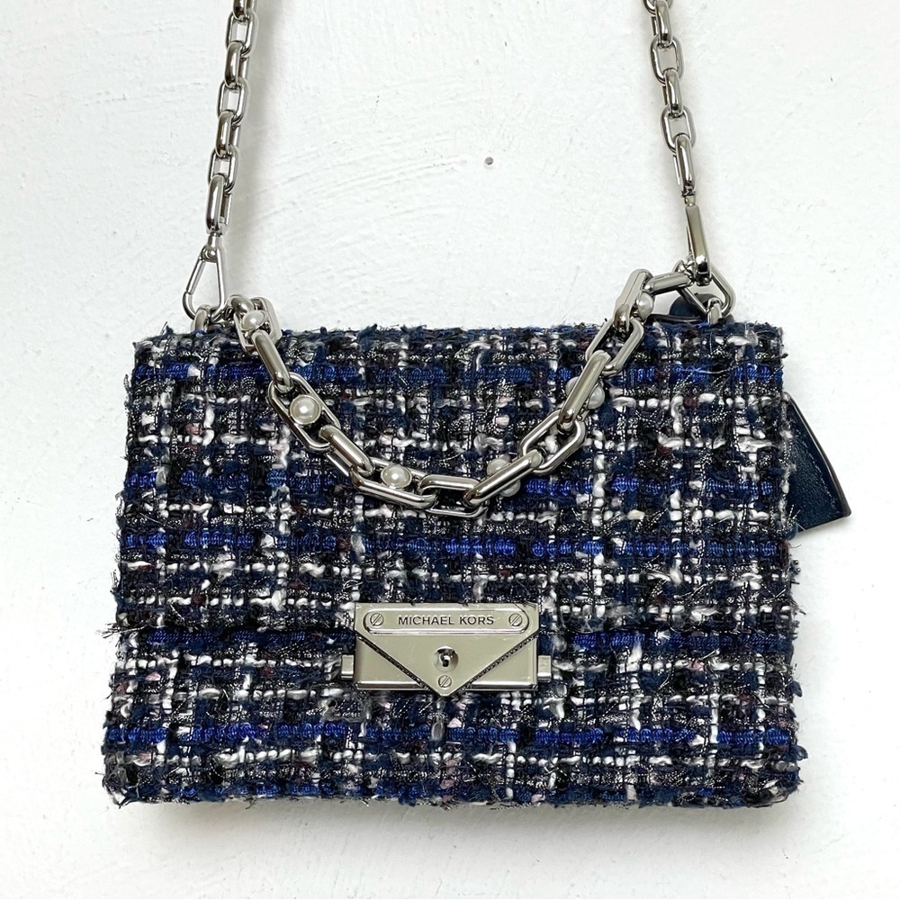 MICHAEL KORS Cece Tweed Small Shoulder Crossbody Satchel Bag Silver Chain Luxury